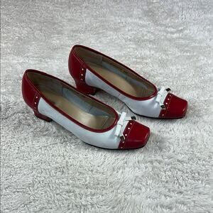 Vintage 90s Ros Hommerson red white saddle shoe low heeled square toe pumps, 6